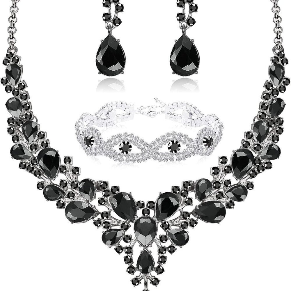Silver Bridal Jewelry Set Rhinestone Necklace Earrings Bracelet for Women